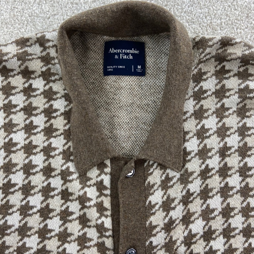 Abercrombie & Fitch Knit Polo Mens M Brown Houndstooth Button Up Short Sleeve